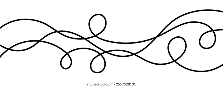 Thin squiggly lines. Wavy wiggle stripe pattern decoration. Curvy thread, string or yarn strikes for ornament, decor, separate, divider. Tangled squiggle linear doodle shapes. Vector