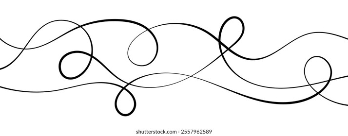 Thin squiggly lines. Wavy wiggle stripes pattern decoration. Curvy thread, string or yarn strikes for ornament, decor, separate, divider. Tangled squiggle linear doodle wave shapes. Vector