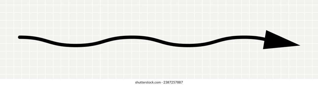 A thin straight black arrow pointing to the right. Minimalistic solid playful pointer on a notebook sheet background.