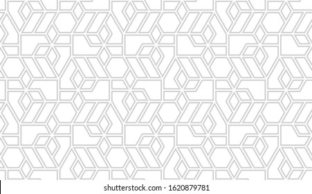 Рattern with thin straight lines and polygons on white background. Seamless linear Abstract geometric texture. Stylish background in Arabic style. Vector rapport for swatches.