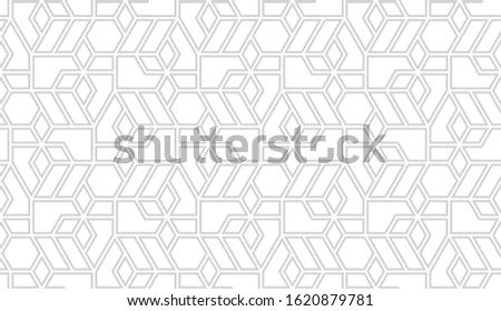 Рattern with thin straight lines and polygons on white background. Seamless linear Abstract geometric texture. Stylish background in Arabic style. Vector rapport for swatches.