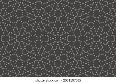 Рattern with thin straight lines, stars and polygons on black background. Seamless linear Abstract geometric texture. Background in Arabic style. Vector design for textile, fabric and wrapping.