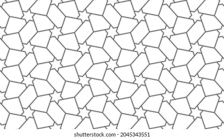 Рattern with thin straight lines, stars and polygons. Vector Seamless linear Abstract geometric design for textile, fabric and wallpaper. Decorative monochrome lattice in Arabic style.