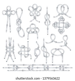 Thin strap tied into a woven knot. Celtic patterns, decor for clothes. Bracelet rope, cord for jewelry. Flat Vector Outline Illustration.