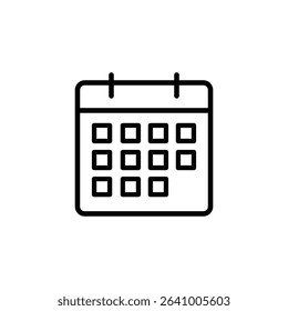 Thin Stroke Calendar Icon Depicting Event Planning, Reminder Alerts, Task Scheduling, Date Selection, and Time-Based Organizational Interface Tools