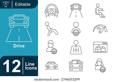 Thin stroke driving icon set illustrating steering wheel, car on road, seated driver, speedometer gauge, gear lever, navigation display, and automotive movement in clean outline vector style.