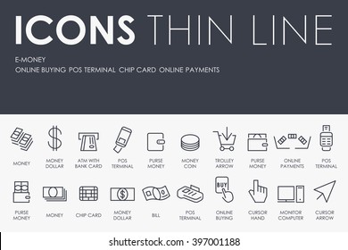 Thin Stroke Line Icons of E-money on White Background