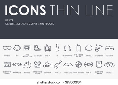 Thin Stroke Line Icons of Hipster on White Background