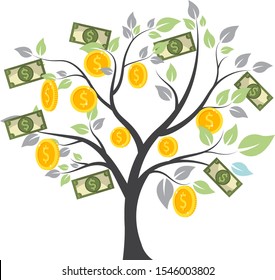 Thin Style of US Dollar Coin and Bank Note Tree - Vector Illustration, Isolated Background