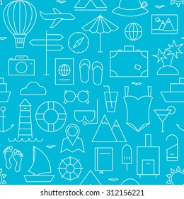 Thin Summer Holiday Line Vacation Resort Seamless Blue Pattern. Vector Travel Design and Seamless Background in Trendy Modern Line Style. Thin Outline Art