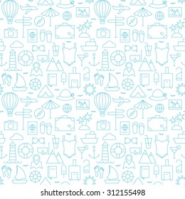 Thin Summer Line Travel and Resort White Seamless Pattern. Vector Vacation Design and Seamless Background in Trendy Modern Line Style. Thin Outline Art