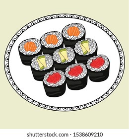 THIN SUSHI ROLLS– Thin Sushi Rolls with smelt are great as an appetizer. They are smaller and lighter with a slightly spicy and minty flavor from the shiso. vector