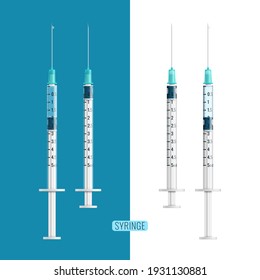 Thin syringe with blue liquid, but another is empty. A vector illustration of a medical instrument is isolated on a blue and white background. The vector realistic illustration.