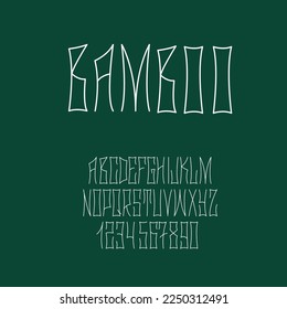 Thin hohe Bambusschrift. Vektorenglische Buchstaben und Zahlen von 0 bis 9.