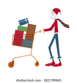Thin tall modern Santa Clause pushing shopping cart with Christmas gifts. White background.