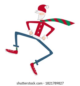 Thin tall modern weared jeans and sneakers Santa Clause jumps. White background.