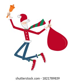 Thin tall modern weared jeans and sneakers Santa Clause jumps with bell and gift bag. White background.