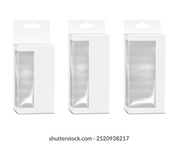 Thin tall white paperboard box with side clear plastic window, tuck-in flap and euro slot hanger. Realistic 3d vector mock-up. Empty transparent front container with hanging hole. Mockup