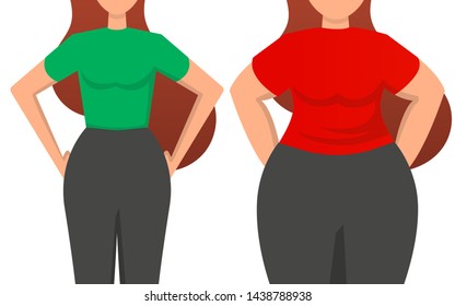 Thin and thick figure of women. Proper nutrition and sport. Healthy lifestyle concept. Taking care of your body Human abdomen before and after losing weight.