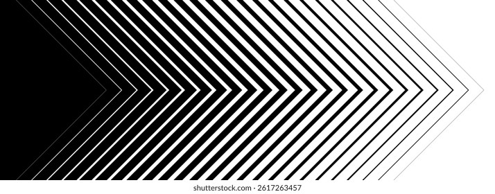 Thin to thick line arrow background. Repeating triangle gradation pattern backdrop. Fading halftone stripe gradient texture. Black speed lines concept for overlay, print, cover, banner, poster. Vector