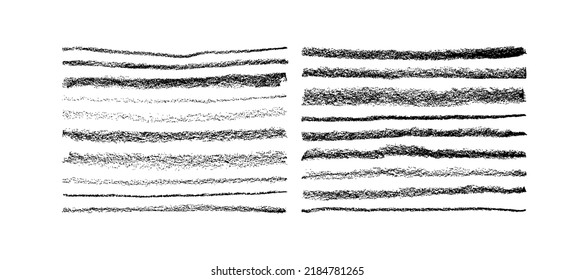 Thin and thick straight charcoal lines set. Hand drawn vector charcoal pencil lines isolated on white background. Black pencil simple drawing. Set of chalk strokes, banners and separators. 