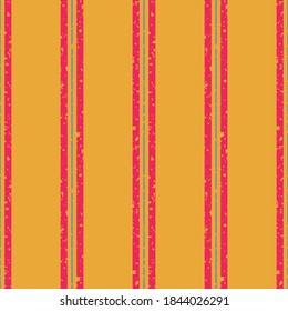 Thin and thick stripes with etched texture vector seamless pattern background. Vertical red and blue striped design on orange backdrop with grunge texture. Relaxed tropical vibe all over print