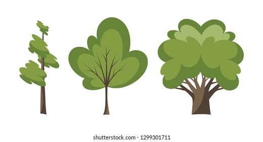 Thin and thick trees. Decorative trees icon set. Flat trees in a flat design. Isolated on white. Vector icons.
