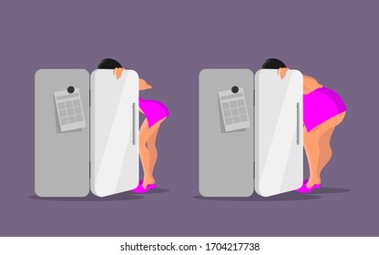 Thin and thick women near fridge