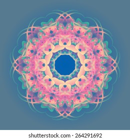 Thin, transparent, ephemeral, glowing colorful mandala on a blue background.