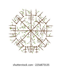 Thin tree branches leaves with Scandinavian viking vegvisir symbol isolated on white background