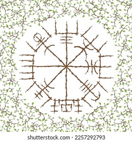 Thin tree branches leaves with Scandinavian viking vegvisir symbol isolated on white background