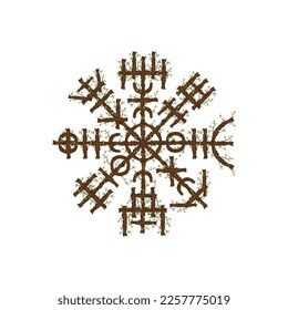 Thin tree branches with Scandinavian viking vegvisir symbol isolated on white background