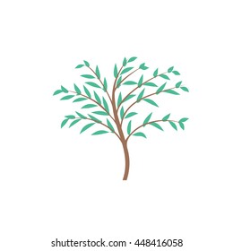 The thin trunk of the tree with leaves. Forest and park element. Elegant design. Vector illustration, symbol and logo.
