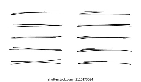 Thin underline lines set. Scribble hand drawn markers. Doodle text highlights isolated on white background.
