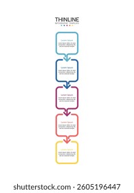 A thin vector infographic line is placed in a vertical row. Concept of 5 successive steps of the project development process. Business concept with 5 options or steps.