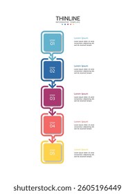 A thin vector infographic line is placed in a vertical row. Concept of 5 successive steps of the project development process. Business concept with 5 options or steps.