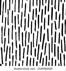 Thin vertical dashes vector seamless pattern. Black linear ornament. Memphis style background with small pen stripes. Retro black and white texture. Hand drawn regular doodle simple lines. 