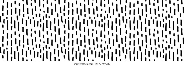 Thin vertical dashes vector seamless pattern. Black linear ornament. Memphis style background with small pen stripes. Retro black and white texture. Hand drawn regular doodle simple lines.