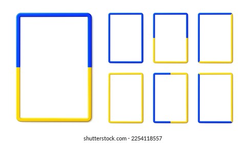 Thin vertical frame with shadow in Ukrainian flag colors for Ukraine support. Vector 3d graphic illustration. Blank portrait border with rounded corners is a patriotic marketing presentation concept