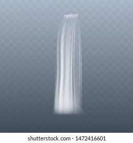 Thin vertical waterfall stream in motion, realistic effect of water flowing down, white liquid cascade on transparent background - vector illustration