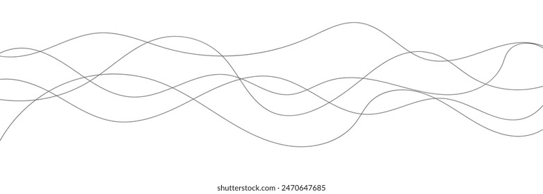Thin wavy line abstract background. Wavy line horizontal divider outline minimalist background. Abstract black lines wave curve motion on white background. Vector Illustration.