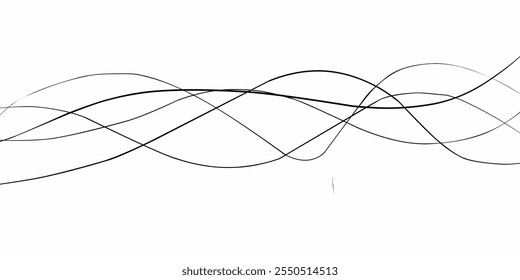 Plano de fundo abstrato de linha ondulada fina. Fundo minimalista de contorno de divisor horizontal de linha ondulada. O movimento da curva da onda das linhas pretas abstratas no fundo branco. Ilustração de vetor. Ondas de rádio. DNA de RNA
