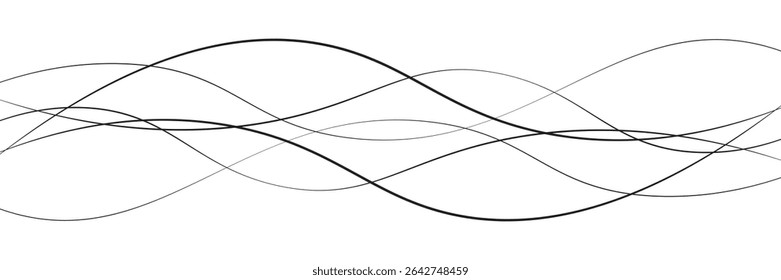 Thin wavy line abstract background. Wavy line horizontal divider outline minimalist background. Abstract black lines wave curve motion on white background. Vector Illustration.