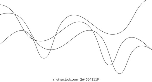 Thin wavy line abstract background. Wavy line horizontal divider outline minimalist background. Abstract black lines wave curve motion on white background. Vector Illustration.