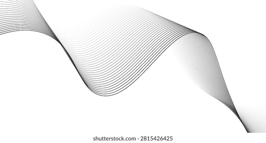 Thin wavy line abstract background. Wavy line horizontal divider outline minimalist background. Abstract black lines wave curve motion on white background. Vector Illustration.