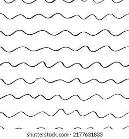 Thin wavy line seamless pattern. Abstract seamless hand drawn wavy ornament. Ocean, sea and river motif. Curly pen lines. Black ink doodle strokes. Simple geometric pattern. Monochrome texture