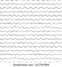 Thin wavy line seamless pattern. Abstract seamless hand drawn wavy ornament. Ocean, sea and river motif. Curly pen lines. Black ink doodle strokes. Simple geometric pattern. Monochrome texture