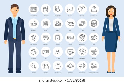 Thin web icons in outline style. Office collection of simple signs for mobile app or website. Web shopping concept. Online marketplace, service, shopping, money. Businesspeople in office style