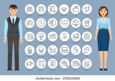Thin web icons in outline style. Office collection of simple web signs for mobile app or website. Office items, business and finance symbols, online services concept. Businesspeople in office suits