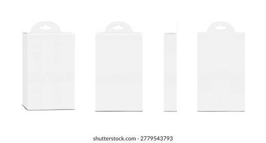 Thin white blank paper tuck box with euro slot. Front, side, back view. Realistic 3d vector mockup. Hanging carton. Easy editable mock-up. Template for packaging design